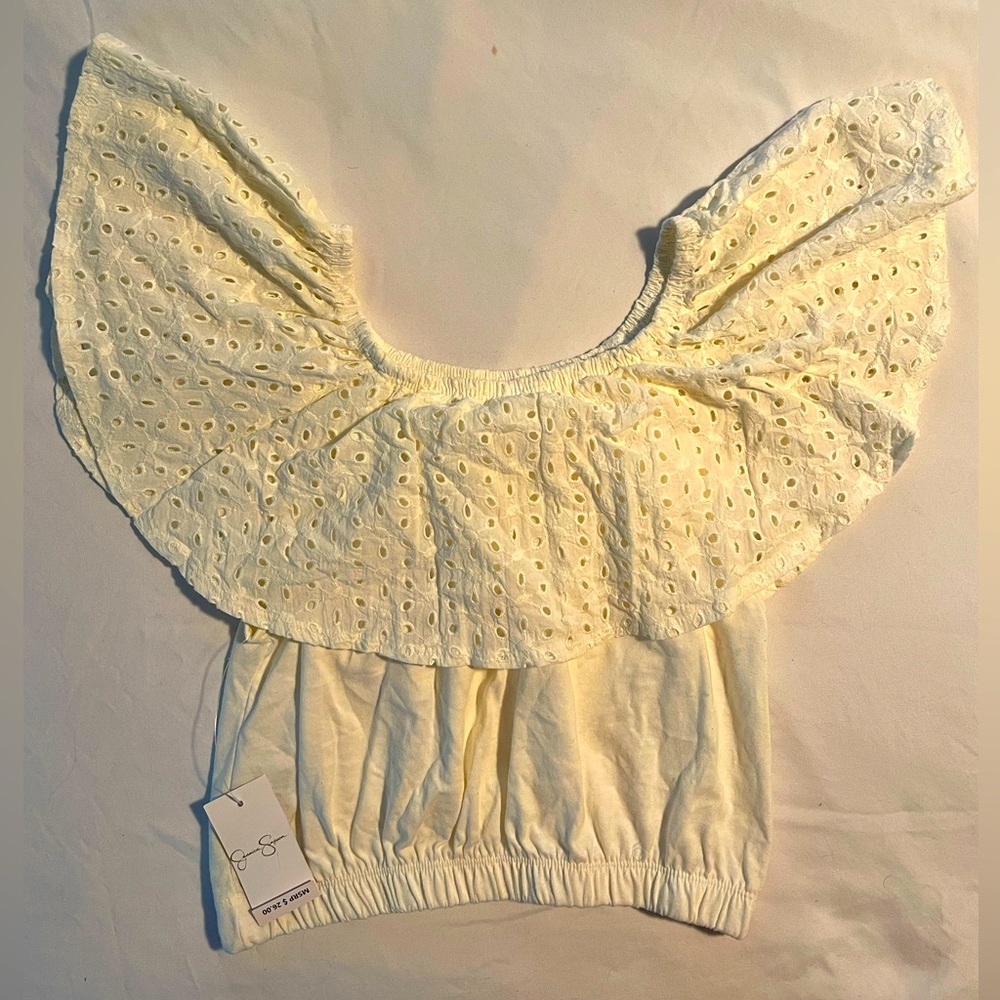 NWT Beautiful Jessica Simpson Girls Top Med 8/10 Creme W Flowy Neck Lace Trim